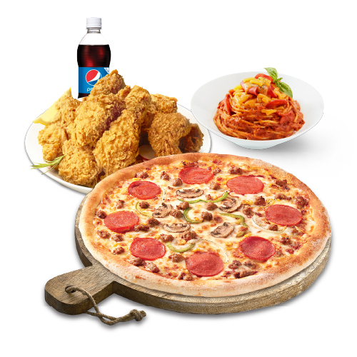 피치세트M(콤비네이션피자M+후라이드치킨(뼈))+스파게티+콜라500ml