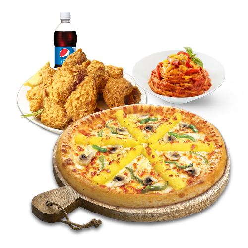 고구마피치세트M(고구마피자M+후라이드치킨(뼈))+스파게티+콜라500ml