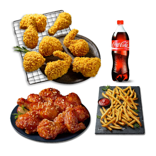 황금올리브치킨+BBQ양념치킨(반)+BBQ감자튀김+콜라1.25L