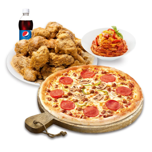 뿌리공순살피치세트L(콤비네이션피자L+뿌리공치킨(순살)+스파게티+디핑소스+콜라1.25L)