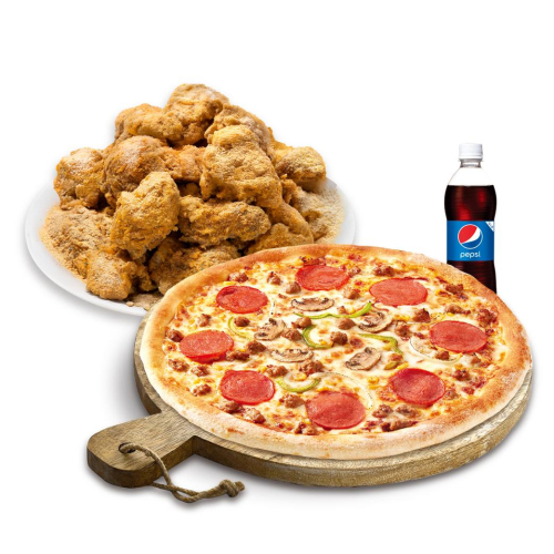 뿌리공피치세트M(콤비네이션피자M+뿌리공치킨(뼈)+치즈크러스트+디핑소스+콜라500ml)