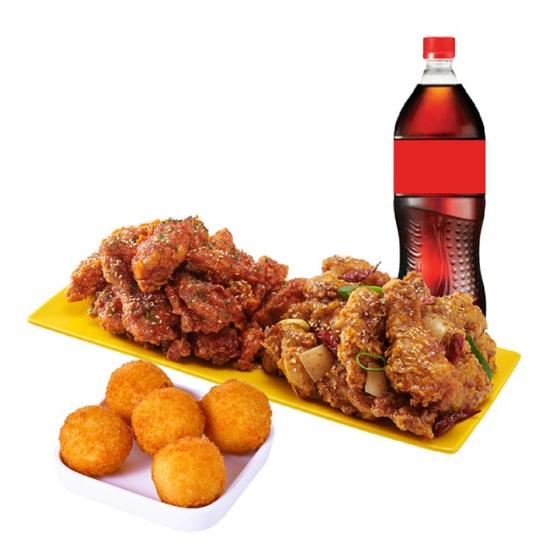 노랑통닭 (오리지널/순살)반반치킨(양념/깐풍)+오리지널치즈볼+콜라1.25L