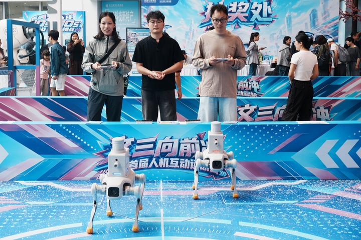 지난 1일 저장(浙江)성 항저우(杭州)에 위치한 원싼(文三)디지털라이프거리에서 로봇개를 이용한 과녁 맞히기 경기를 하는 관광객. (사진/신화통신)