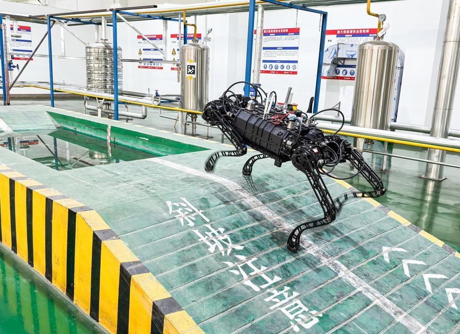 지난해 5월 8일 량장(兩江)신구에 위치한 치텅(七騰)로봇(Sevnce Robotics) 충칭(重慶) 공장에서 4족 방폭 로봇 테스트 작업이 한창이다. (사진/신화통신)